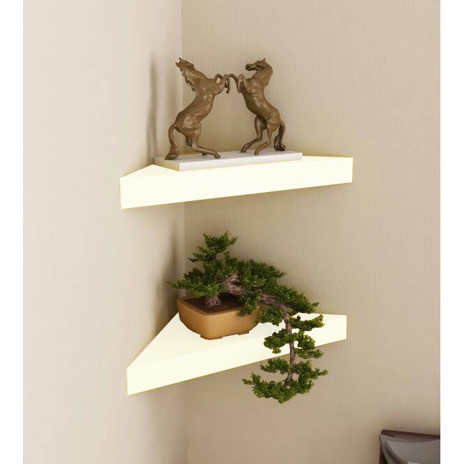 Set 2 Buah Ambalan Rak Dinding Sudut Segitiga Minimalis / Floating Shelves [25cm x 25cm] - Putih