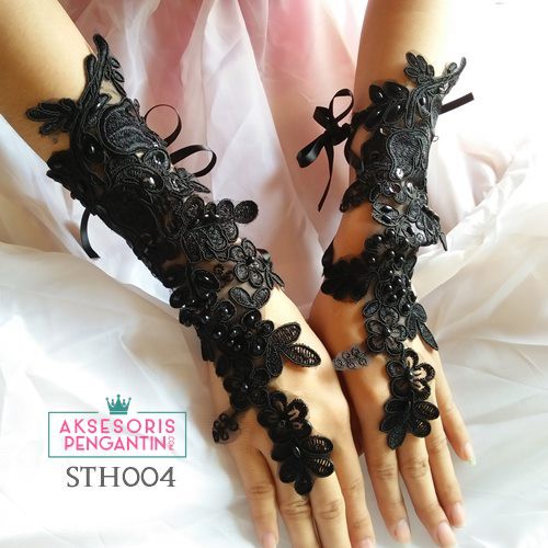 [BISA COD] AKSESORIS PENGANTIN SARUNG TANGAN HITAM WEDDING GLOVES BROKAT STH004