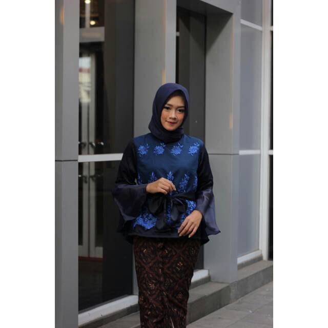 Blouse Hijab Tulle Bordir Wanita Biru Dongker M L XL XXL