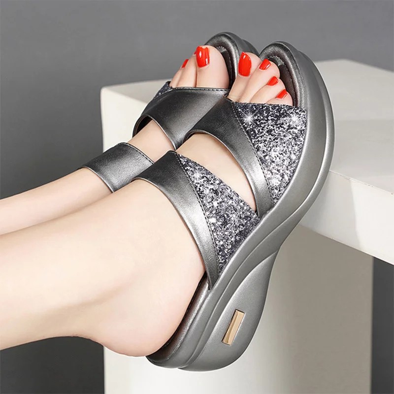 RYS - Glitter Smooth Sandal Wedges Wanita Casual -  Ori Import