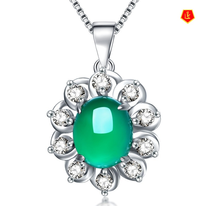 [Ready Stock]925 Silver Ladies Necklace Chalcedony Pendant Korean Fashion Elegant