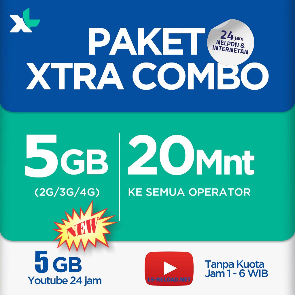 Paket Data XL Xtra Combo 5+5GB (5GB 2G/3G/4G + 5GB YouTube 24 Jam) = Total 10GB