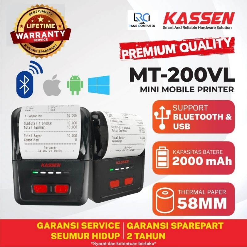 PRINTER BLUETOOTH THERMAL MOBILE KASSEN MT 200 VL CETAK STRUK 58MM