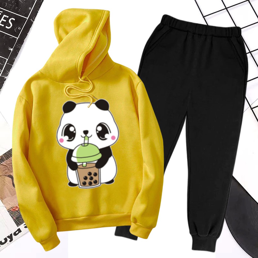 BESS - Baju Setelan Wanita Murah / Setelan Hoodie + Jogger Hitam - PANDA BUBLE