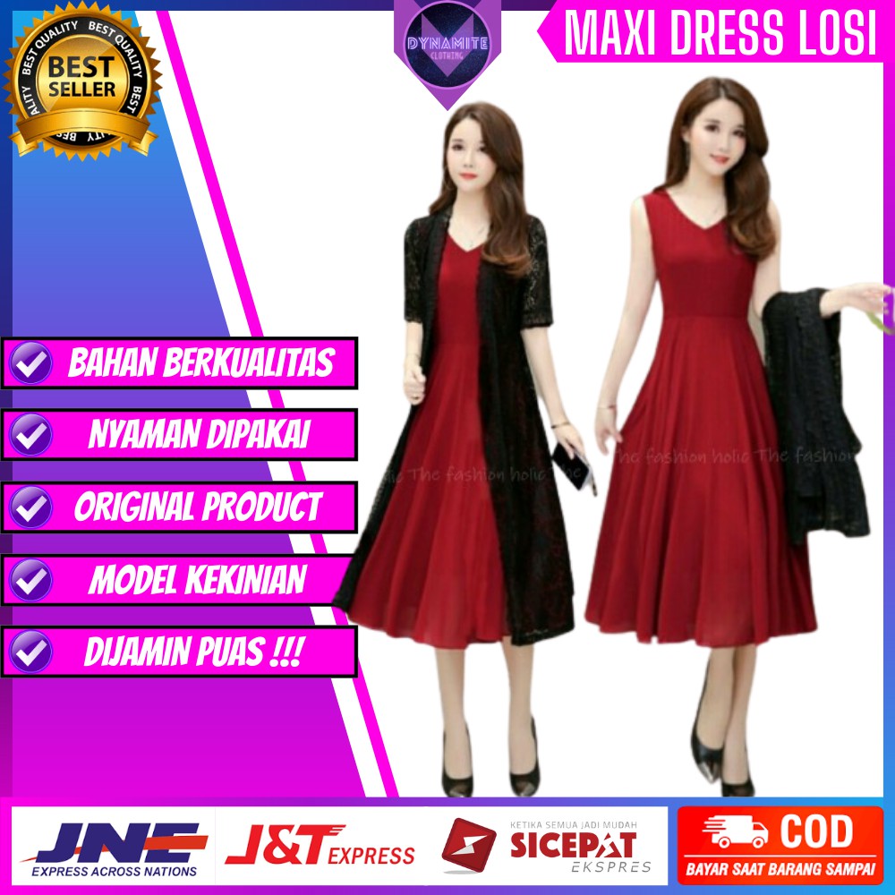 Satu Set Maxi Dress + Cardigan Dres Drees Gaun Pesta Panjang Fashion Korean Style Wanita Cewek Murah