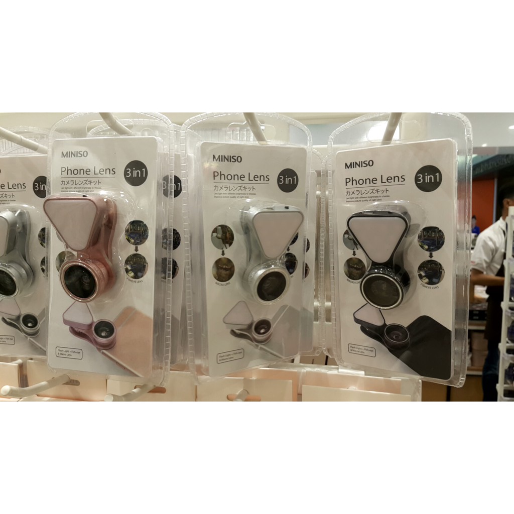 MINISO Phone lens 3in1 - fisheye lens with flash light + macro lens. aksesoris miniso terlengkap