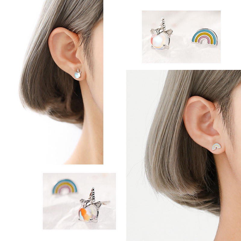 Anting Stud Earrings Women Unicorn Rainbow Earring Korean Simple Fashion Jewelry Gifts Sweet Heart Jewelry