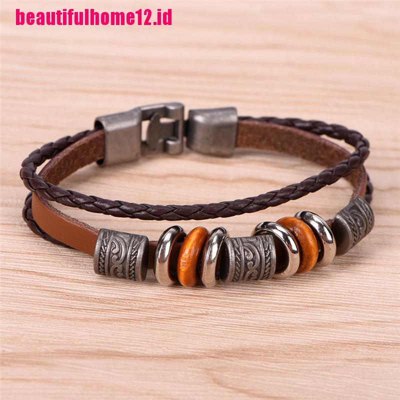 Gelang Handmade Bahan Kulit Warna Coklat Gaya Retro Punk Untuk Pria