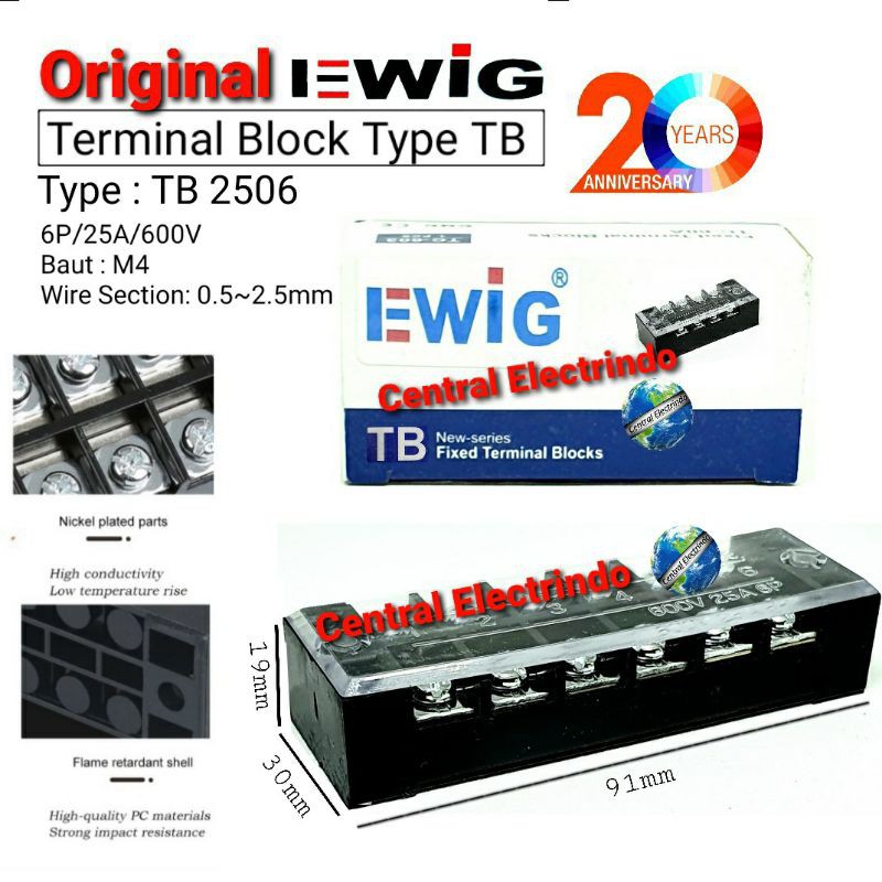 Terminal Block Blok 25A 6P (TB 2506) EWIG.