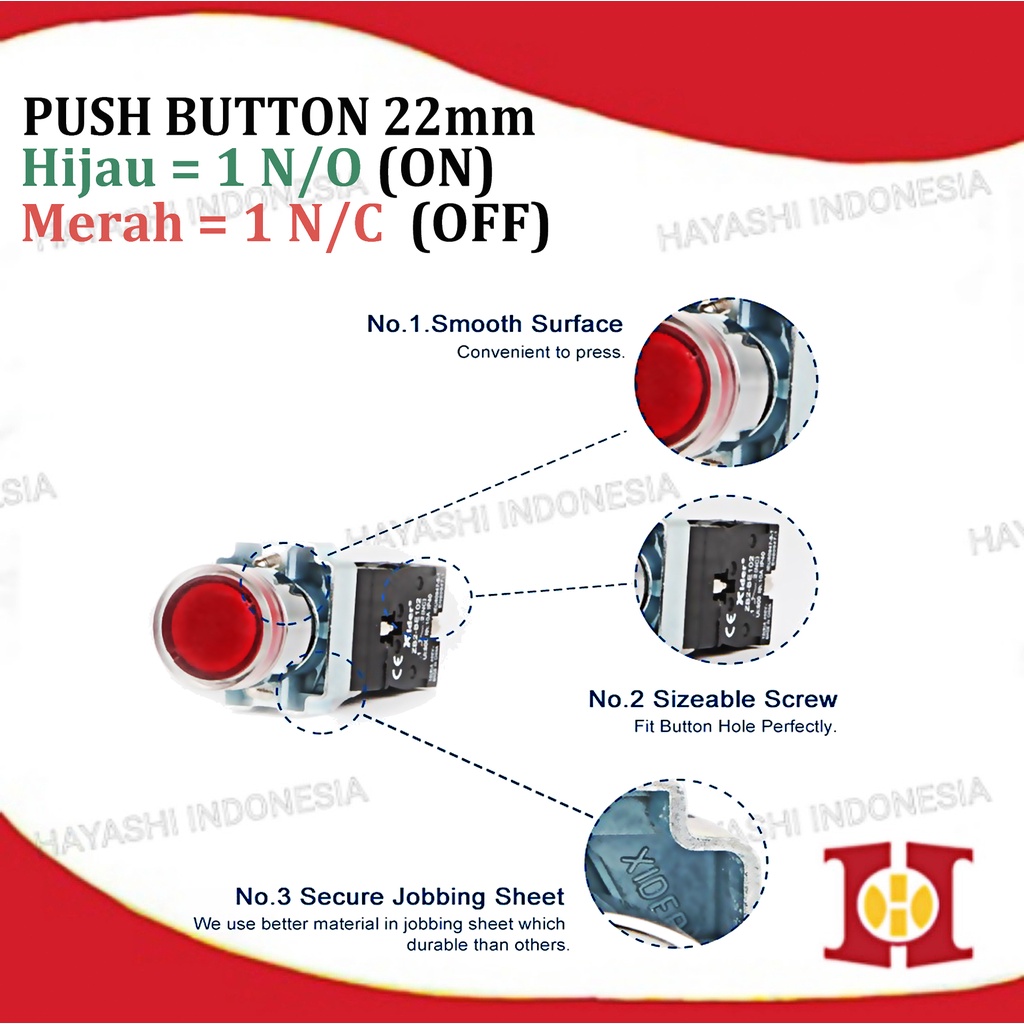 Push Button Tombol Lampu LED 22mm 25mm On Off Merah Hijau Start Stop