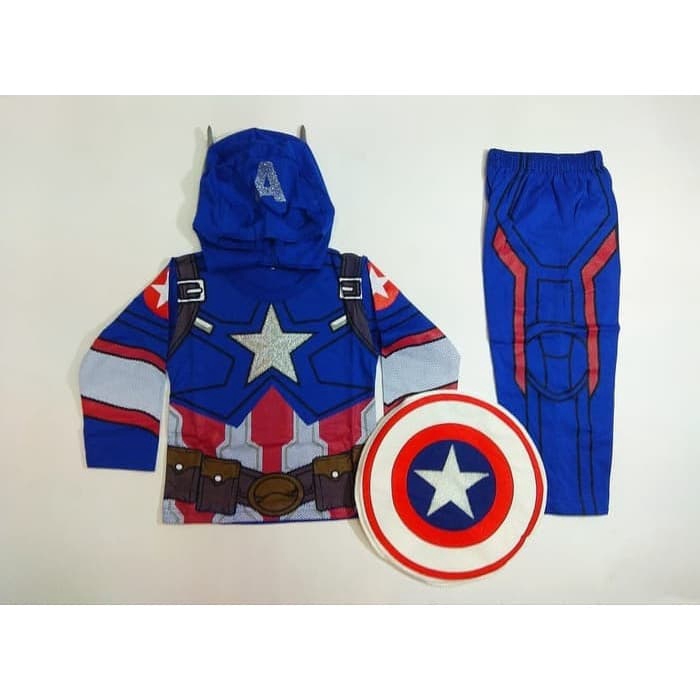 Kostum Superhero Anak Captain America III Baju Laki-Laki Superhero Setelan Panjang Topeng Tameng