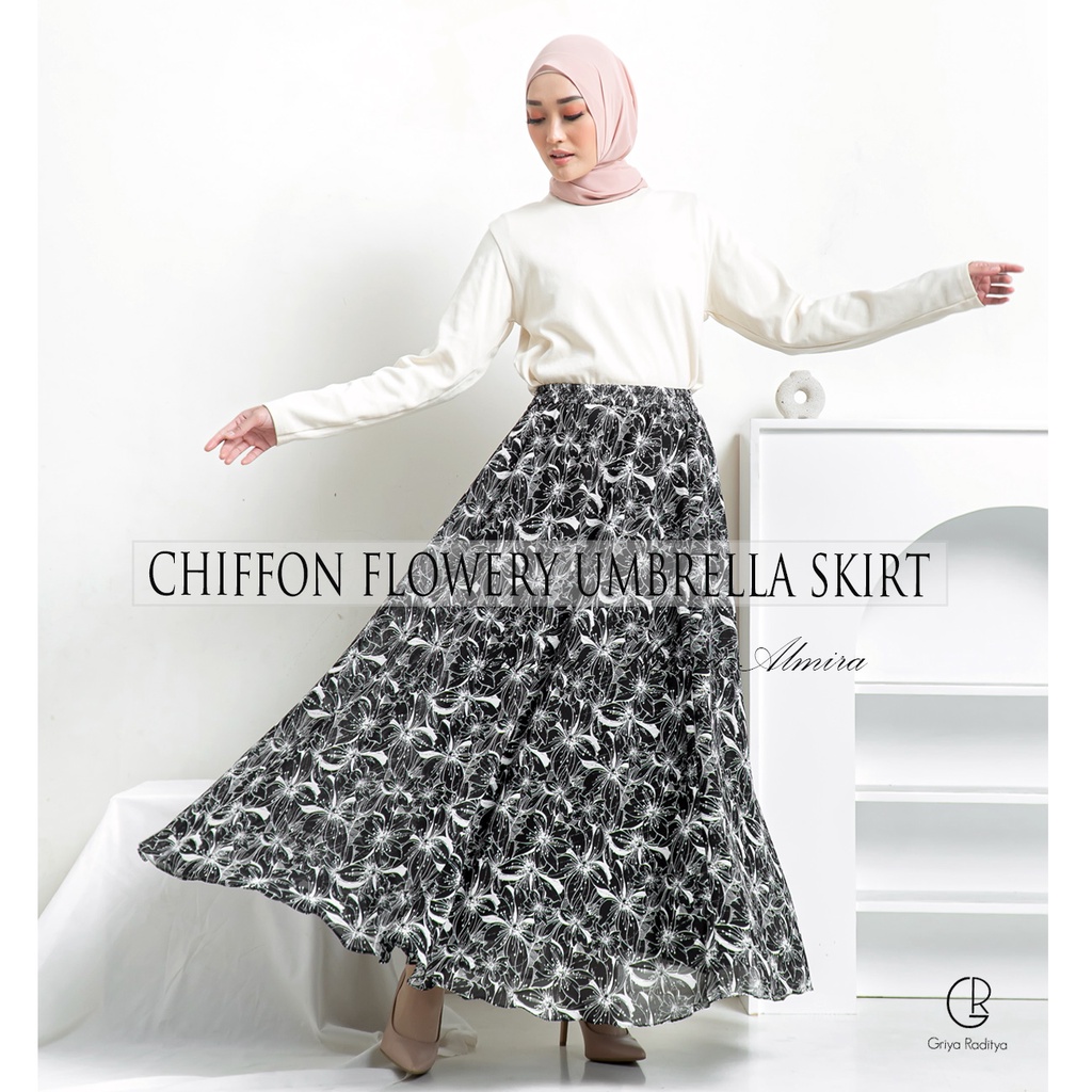 Rok Panjang Wanita Payung Muslimah  Sifon Flowery Chiffon Umbrella Skirt Bunga Griyaraditya Almira