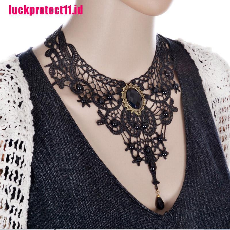 【LUCK】Black Lace&amp; Beads Choker Victorian Steampunk Style Gothic Collar Necklace Gift