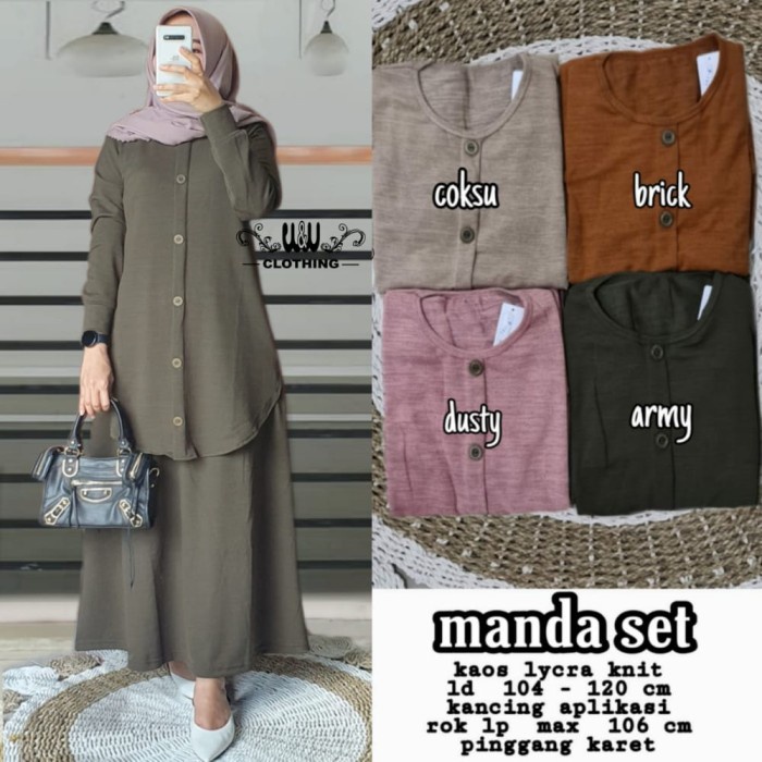 Setelan Wanita Atasan Tunik Bawahan Rok Manda Oneset Bahan Kaos KNIT - Army