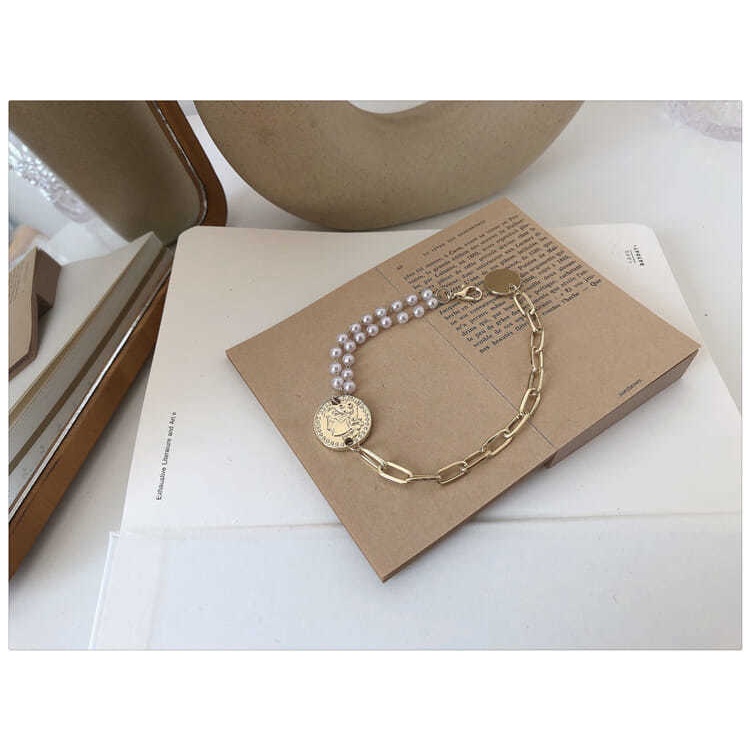 Double-layer gelang mutiara ~ potret koin emas ins sederhana temperamental all-match tebal jaringan