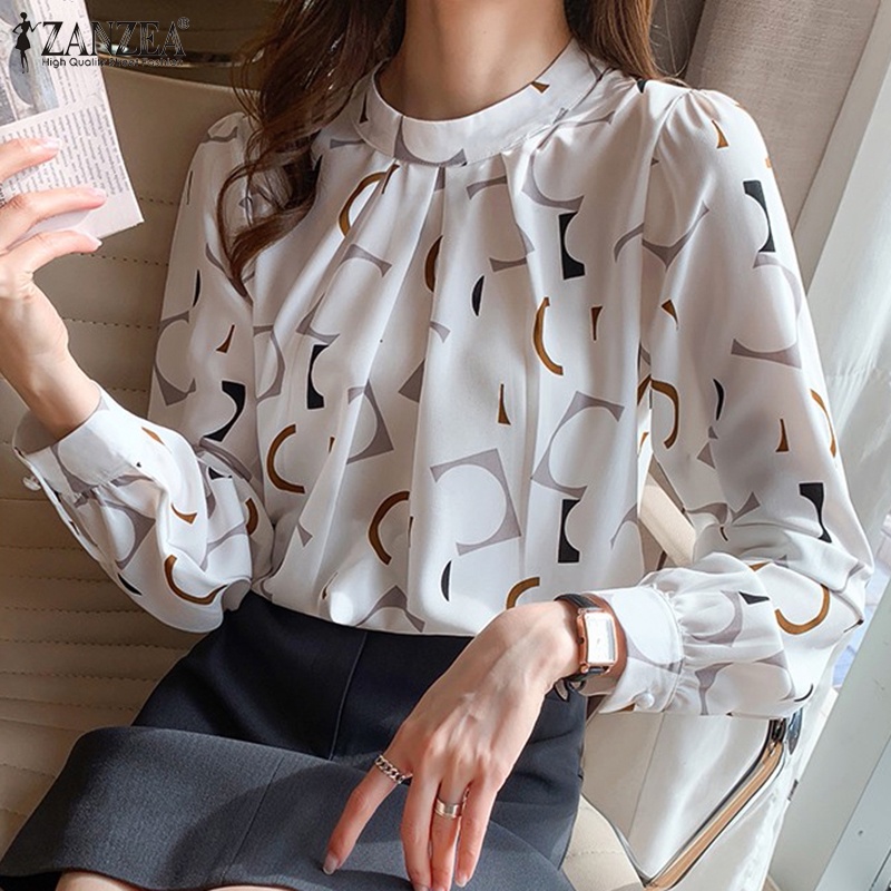 ZANZEA Spring Women O Neck Printed Casual Loose Office OL Work Elegant Blouse