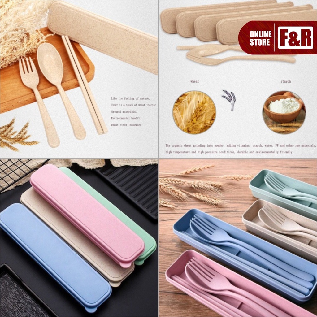 1 Set Alat Makan Sendok Garpu Sumpit + Box Plastik Jerami Wheat Straw Portable Travel Cutlery