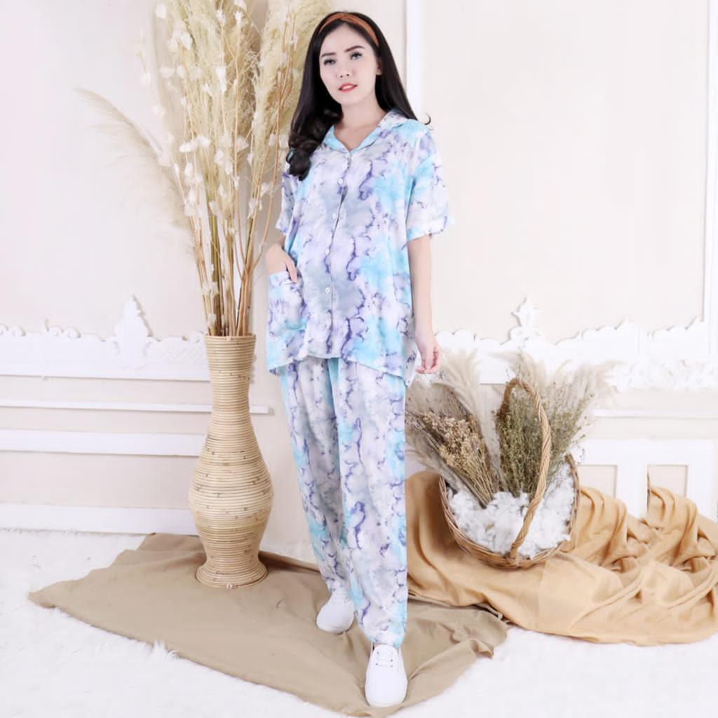 PIYAMA WANITA SATU SET TIE DIE WARNA BIRU JUMBO LENGAN PENDEK CELANA PANJANG BAHAN RAYON BAGUS MURAH