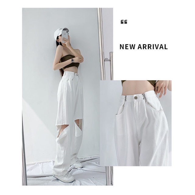 RIPPED JEANS IMPORT HIGHWAIST CELANA PANTS WHITE DENIM HW WANITA CEWEK BAGGY SOBEK MX843