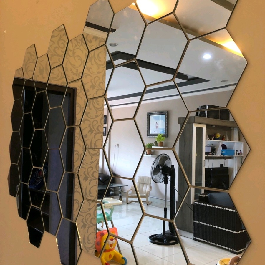 (Asli Kaca) Cermin Kaca Hexagonal Mirror Hiasan Dinding Sticker Kaca