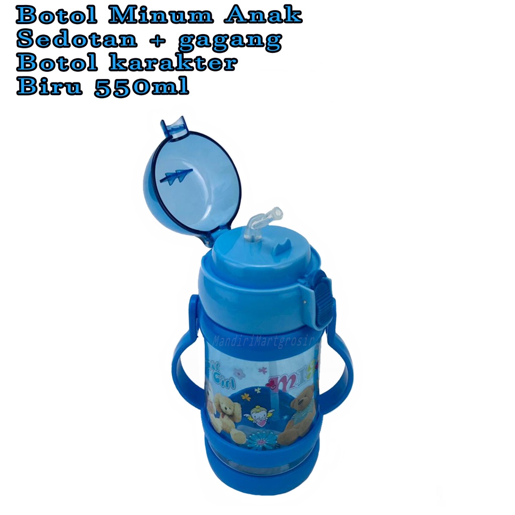 Botol minum berkarakter * Botol minum sedotan dan gagang * Power girl  Biru * 550ml