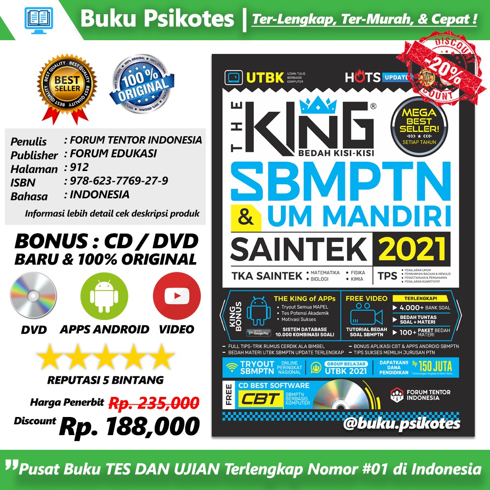 Jual Buku Tes Sbmptn The King Bedah Kisi Kisi Sbmptn Um Mandiri Saintek Bonus Cd