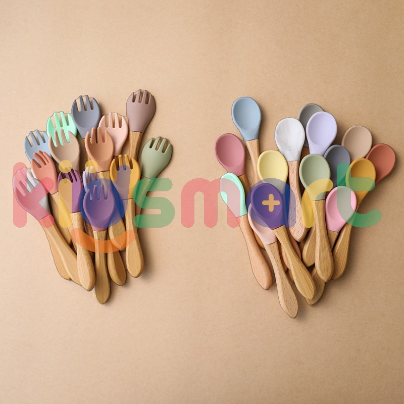 KIDSMART Wooden Spoon Silicon Baby / Sendok &amp; Garpu Kayu Silikon Untuk Makan Bayi