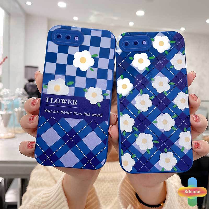 Casing OPPO A15 A54 A5S A3S A16 A95 A7 A5 A9 A31 A53 2020 A12 A1K A16K A54S Reno 4 5F 4F A74 A15S A52 A11K A92 A35 A11 A93 A32 A72 A94 A53S F17 PRO A16S A12S Klein Blue Plaid White Flower Anti-fall Case