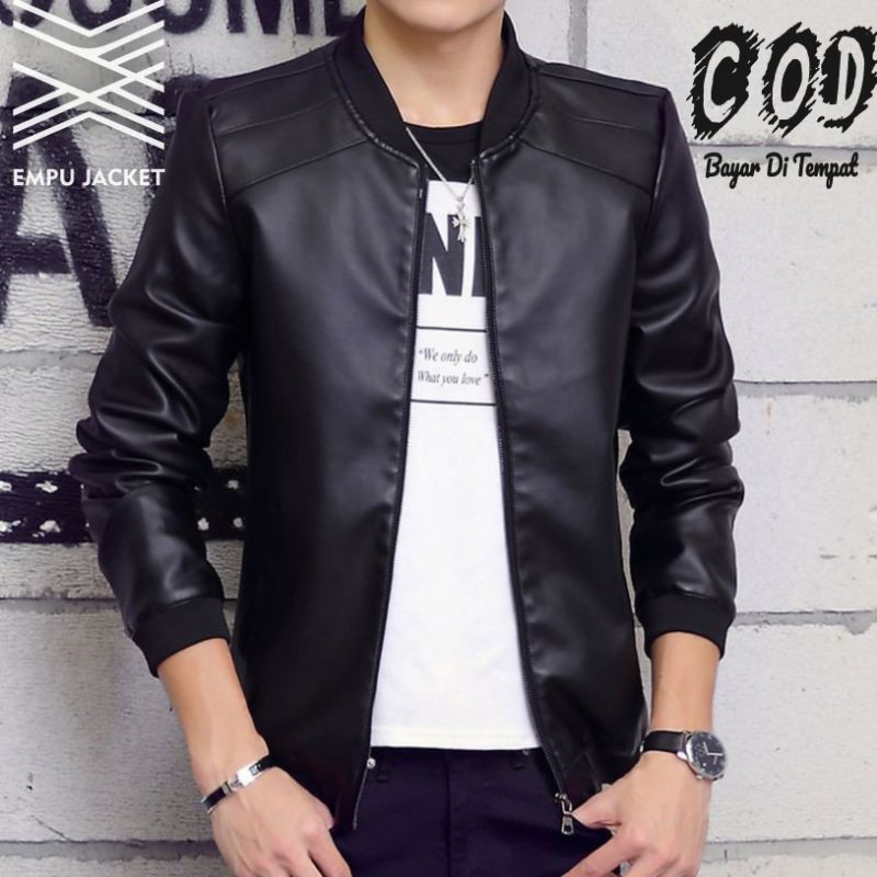 Jaket Bomber Semi Kulit / Jaket Cowok Style Korea / Jaket Pria Kulit Sintetis XXL 3XL