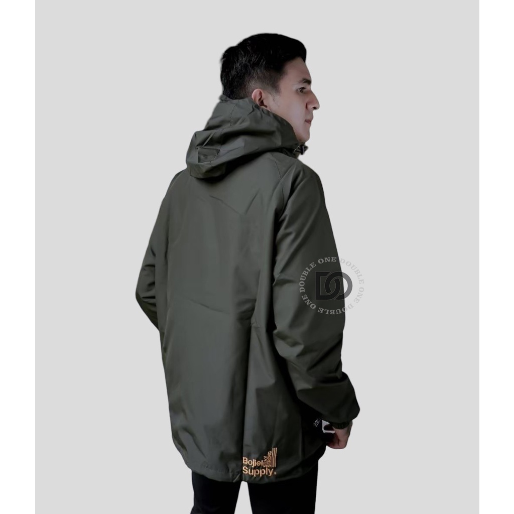 DOUBLE ONE - Jaket Hoodie Parasut Casual Reglan Original THE BOJIEL  / Jaket Taslan Pria / Jaket Waterproof Green Army