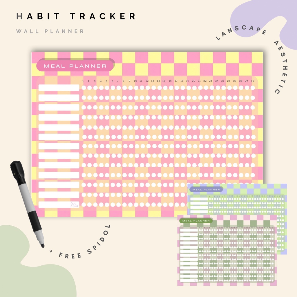 

Wall Planner Solucine - Gingham Addict Series (2) - Habit Tracker, Study Planner, Check list, Shopping List - Free spidol + Reuseable - A3 / A4