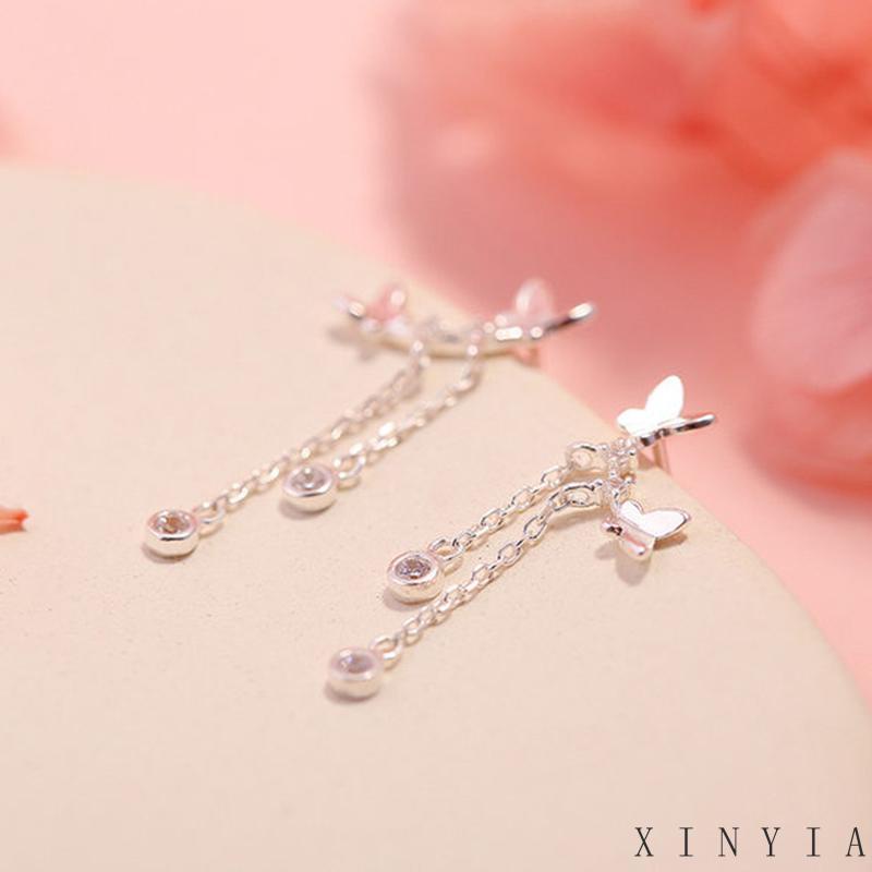 【Bayar di tempat】Anting Gantung Silver Bentuk Kupu-kupu untuk Wanita Earrings Kupu-kupu Rumbai Panjang Kawat Telinga Perhiasan Earring Women Jewelry
