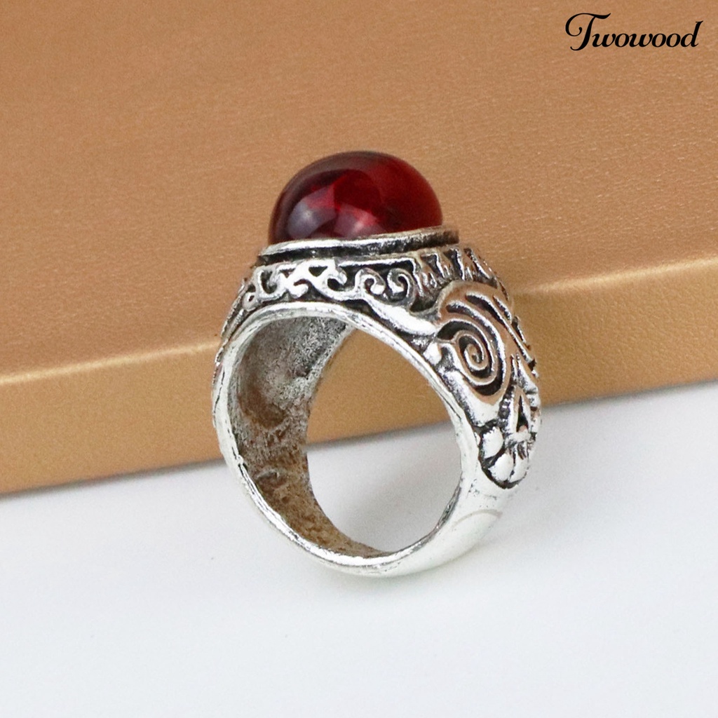 Twowood Carved Rock Style Men Ring Alloy Red Faux Gem Finger Ring Jewelry Accessaries