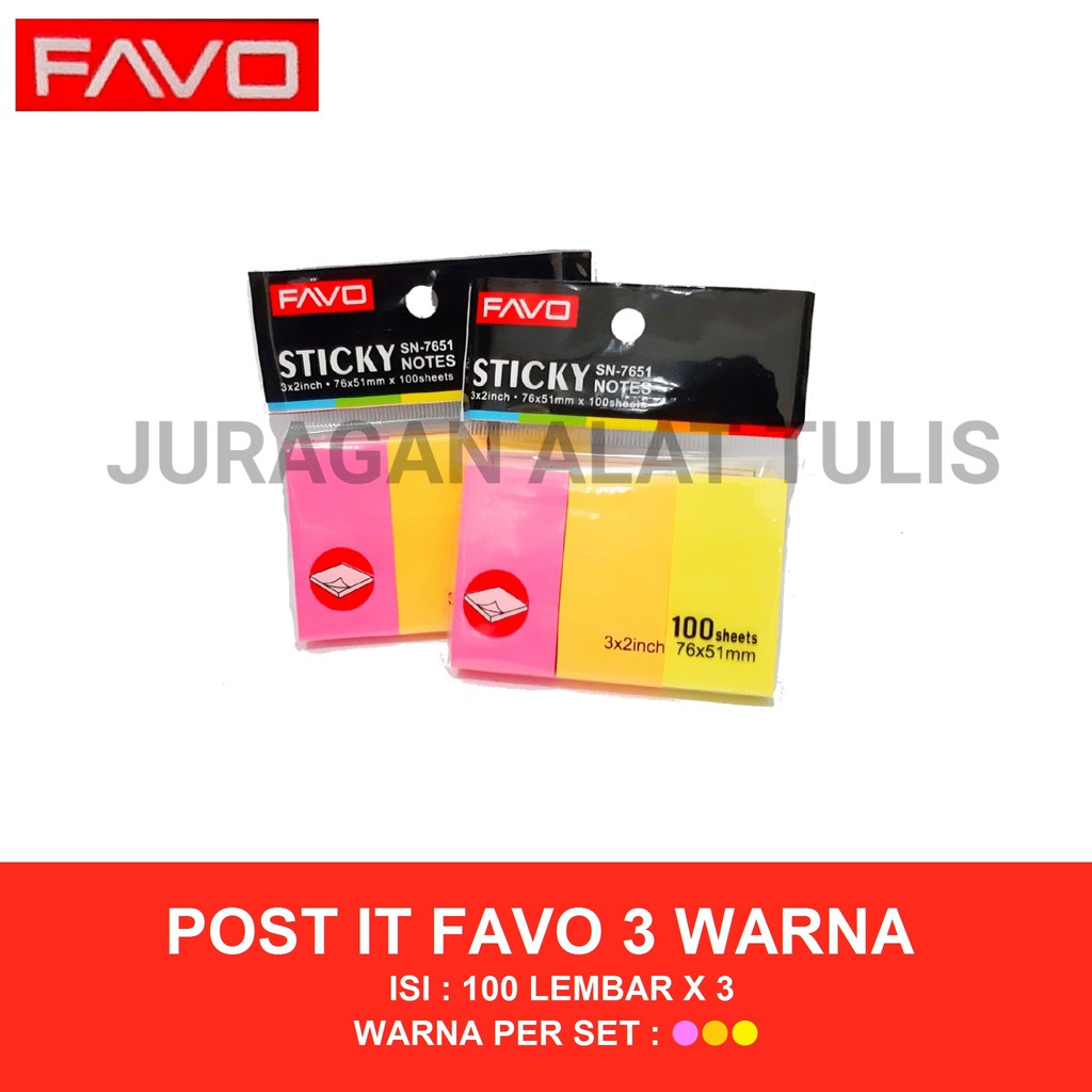 

POST IT / STICKY NOTES / MEMO STICK 3 WARNA FAVO UKURAN 75 X 51 MM