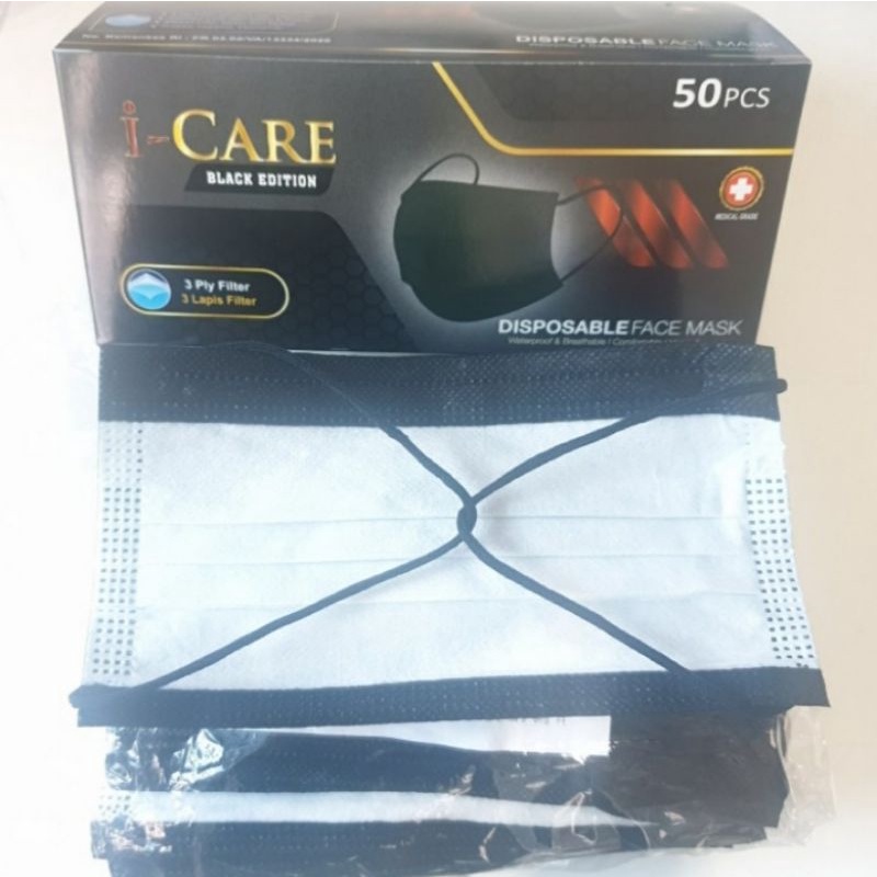 Masker iCare 3ply Black edition (embos dan non embos), Hrg 1box isi 50pcs