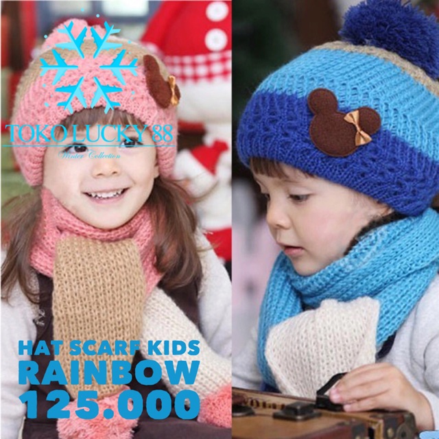 IMPORT Hat Scarf Kids Rainbow Topi Syal Anak Rajut Wool 1 set Musim Dingin Winter