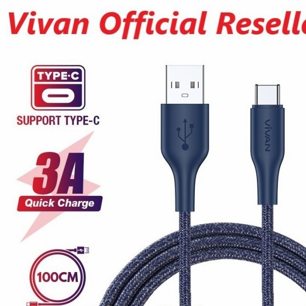 Vivan FC100S 3A 100cm / 1M USB-C Type C Data Cable with Velcro Strap garansi 1 th