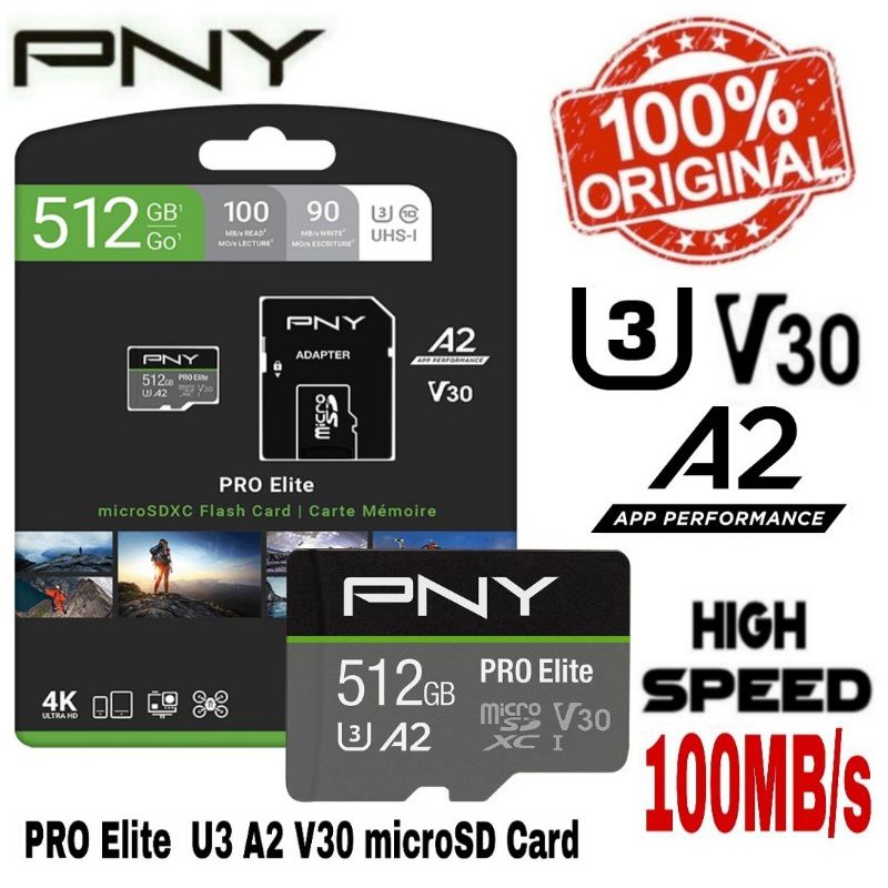 microSD 512GB XC A2 U3 V30 PNY Pro Elite 100Mb/s 100% Original