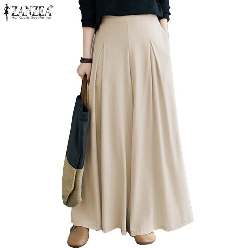 ZANZEA Women Elastic Waist Wide Leg Loose Casual Long Pants