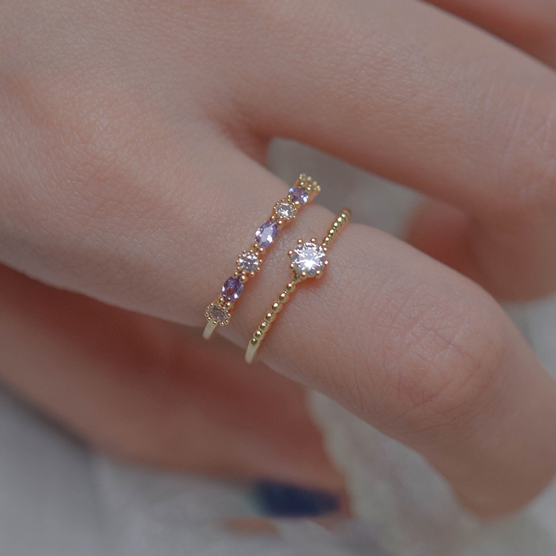 2 In 1 Set Cincin Berlian Zirkon Amethyst Bahan Titanium Steel Warna Emas Dapat Disesuaikan Untuk Wanita