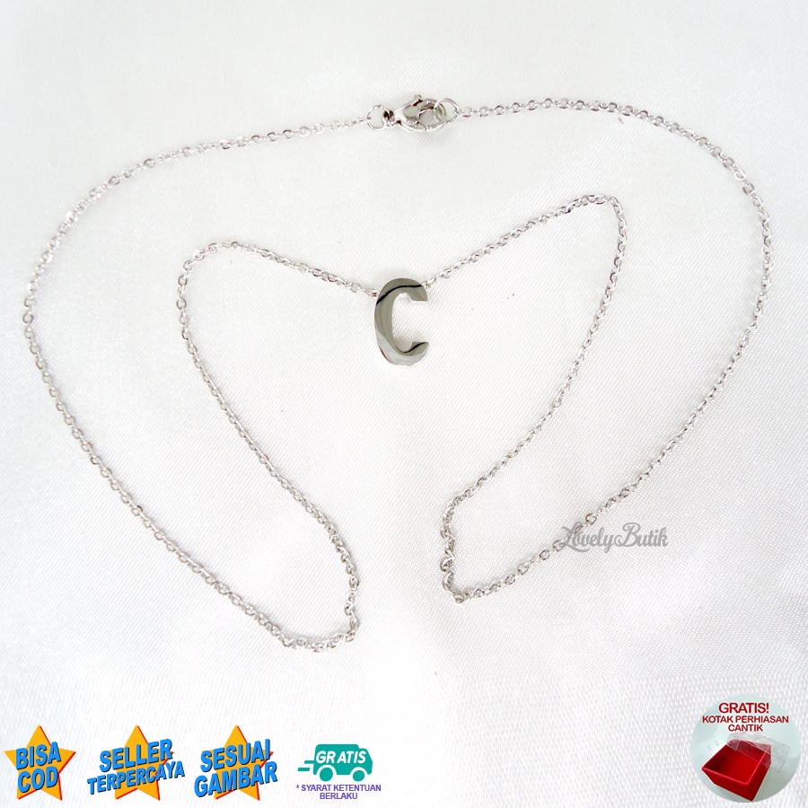 Lovelybutik Kalung Titanium Huruf Abjad Nagita 4ccent Kalung Alfabet Inisial B-I Titanium Silver Bonus Kotak Perhiasan