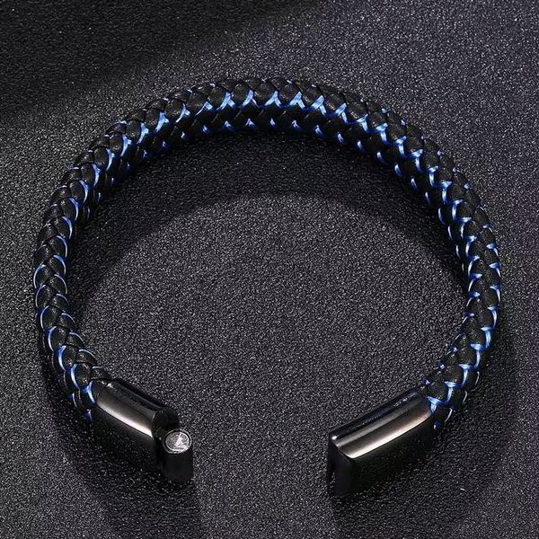 GELANG KULIT PRIA COWOK STAINLESS STELL BLACK BLUE MAGNETIC LEATHER PREMIUM