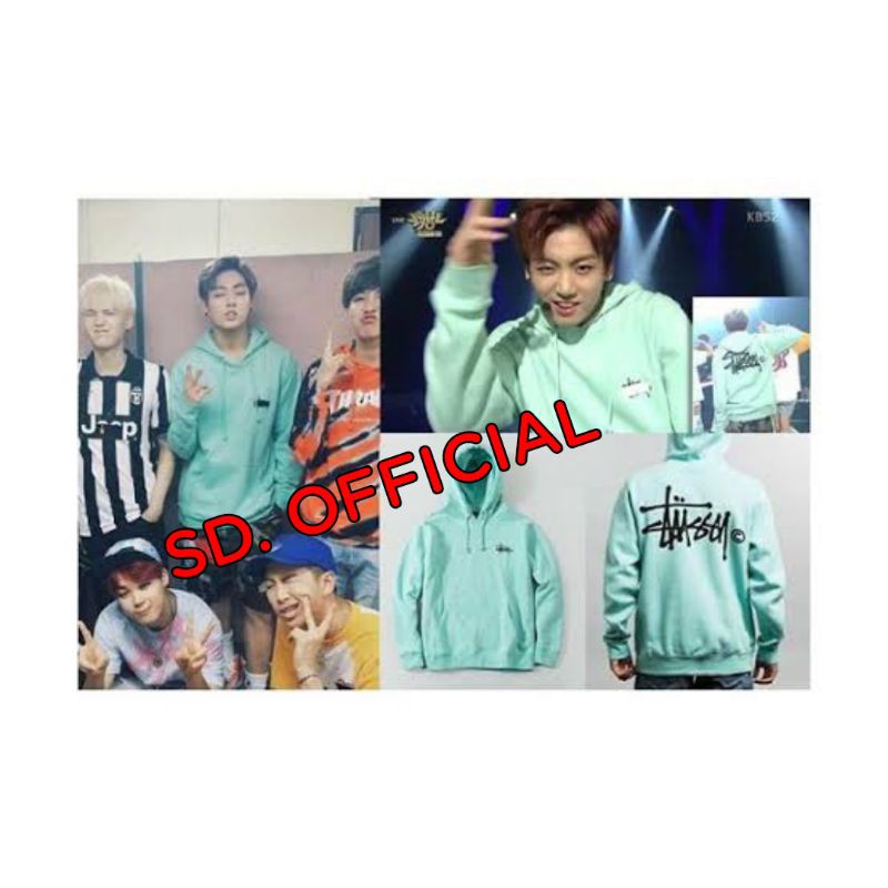 Jaket Hoodie Jumper BTS Jungkook Stussy Sablon Depan Belakang