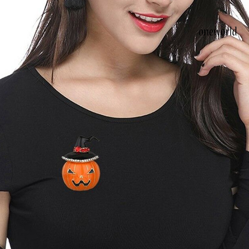 OW@ Halloween Pumpkin Rhinestone Inlaid Enamel Brooch Pin Sweater Shirt Collar Badge