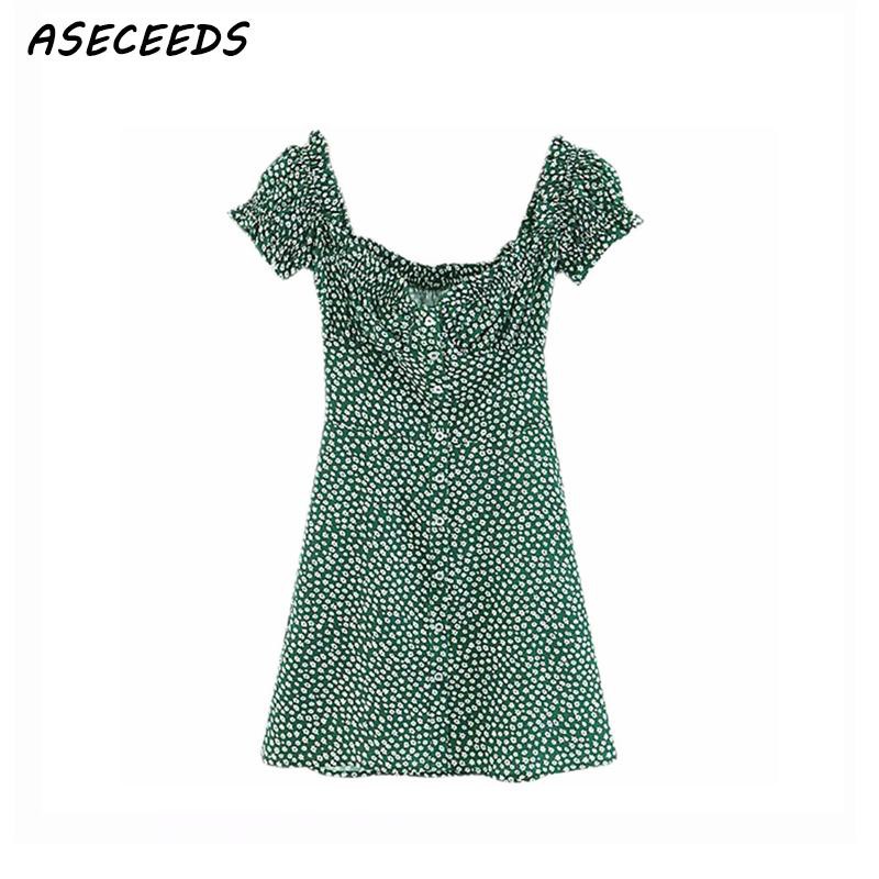 Korean retro boho mini beach dress elegant ruffle boho Summer dress women green floral bohemian