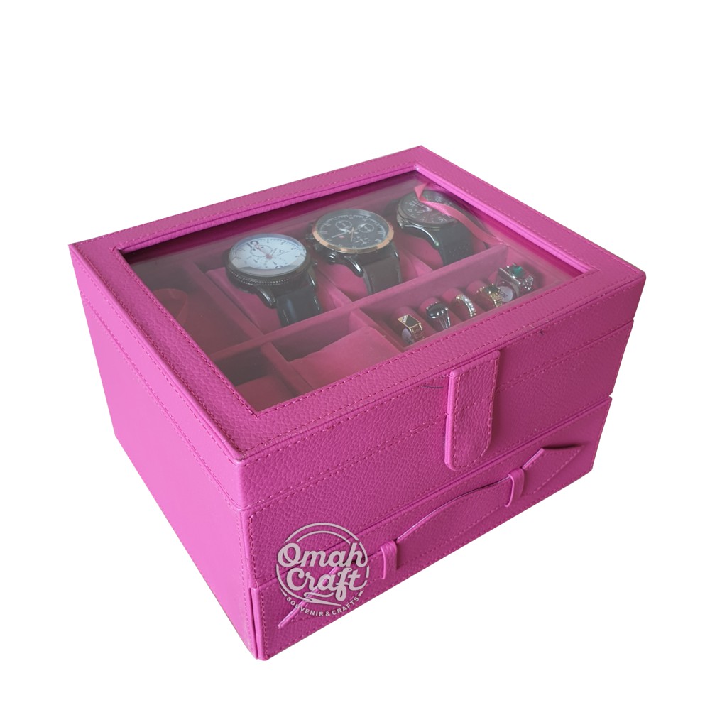 LARGE SIZE - Box Kotak Jam Tangan isi 6 Kombinasi Perhiasan Cincin Gelang Kalung Warna PINK FANTA
