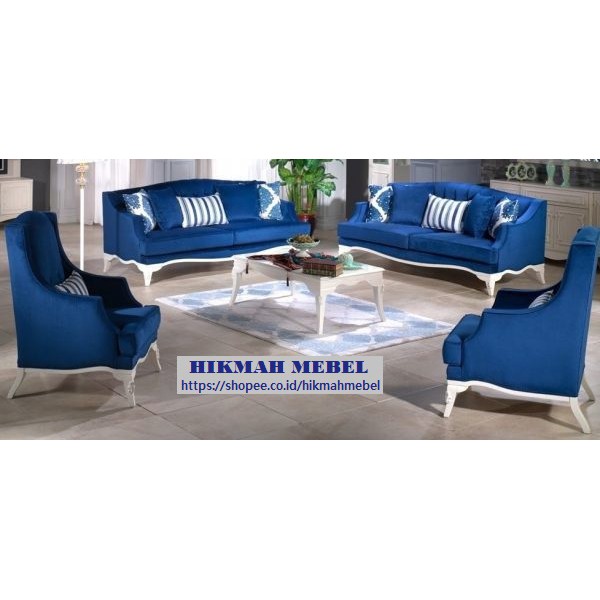 Set Sofa Ruang Tamu Romance MODERN Tunic Shaby Bludru Biru