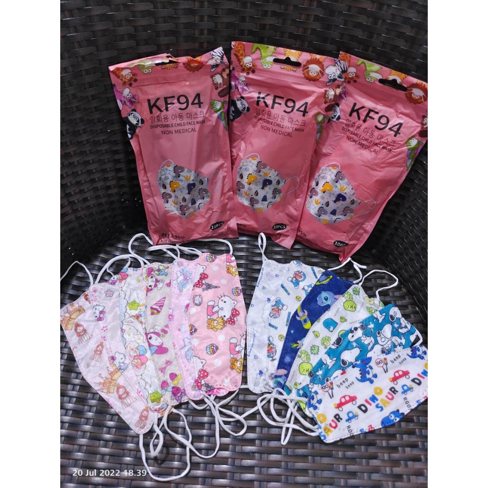 Masker KF94 Anak Child Motif karakter Lucu 4 Ply Cowo Cewe Dan Warna Polos Warna Hitam Putih Abu Isi 10 pcs Per pack