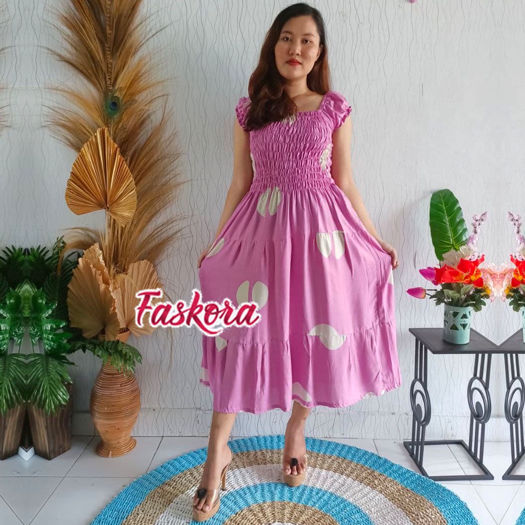 Dress Wanita Kerut Dada Bali Panjang Sabrina Rayon Jumbo Lengan Pendek Motif Kopi