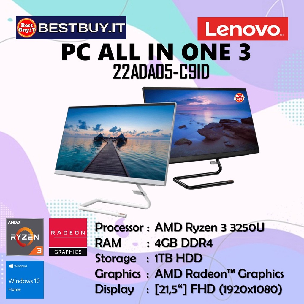 PC LENOVO AIO 3-22ADA05-C9ID Ryzen 3-3250 4GB 1TB HDD 21.5"FHD W10